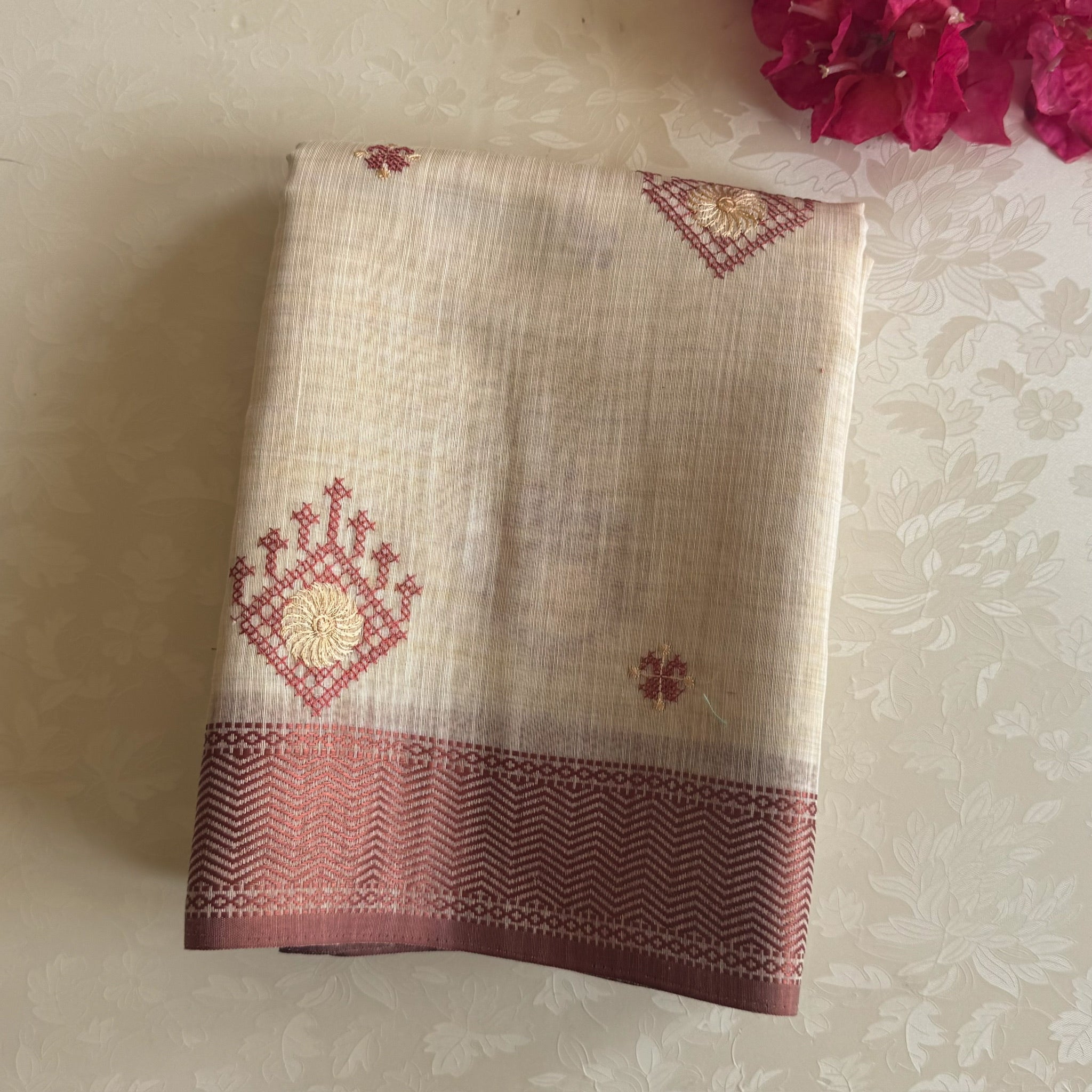 Elegant Pale Beige Saree With Maroon Motifs Gold Zari Border