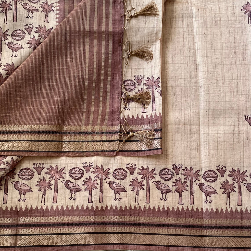 Ecru Mauve Brown Handloom Bird Motif Tassel Pallu Saree Elegant