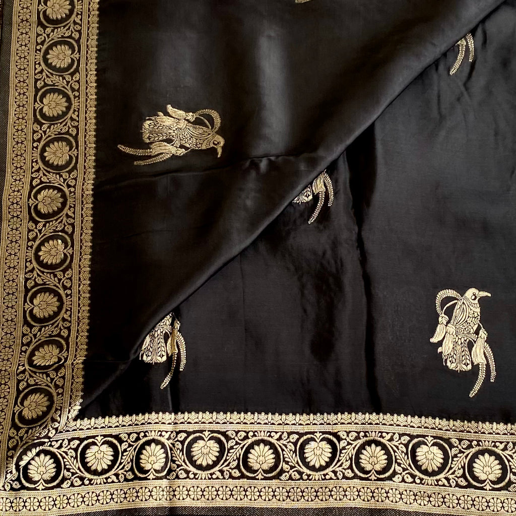 Jet Black Soft Crepe Silk With Antique Gold Border & Contrast Burnt Orange Blouse
