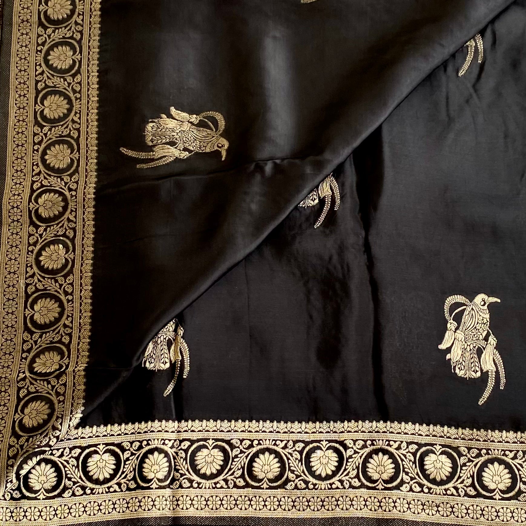 Jet Black Soft Crepe Silk With Antique Gold Border & Contrast Burnt Orange Blouse