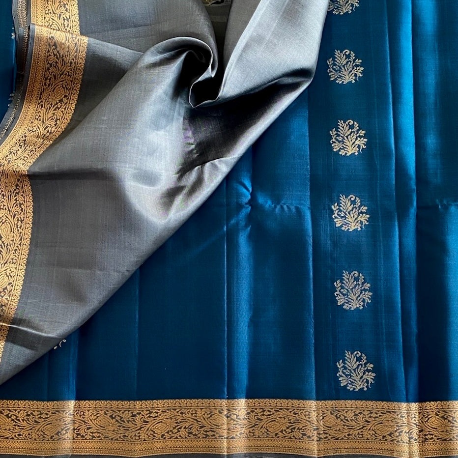 Peacock Blue Designer Pure Silk Saree With Antique Gold Pallu