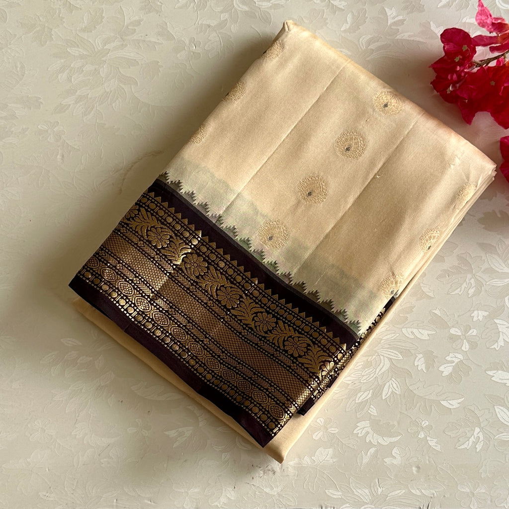 Silk Cream Kanjeevaram Pure Zari Silk Saree With Deep Brown Pallu