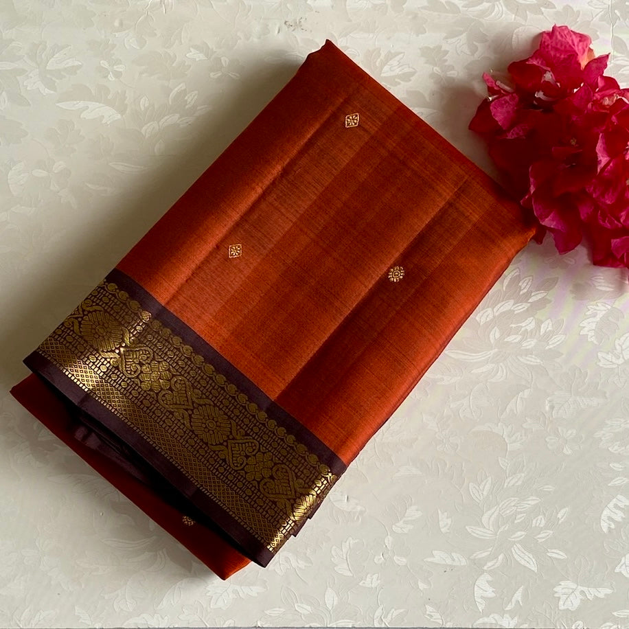 Burnt Orange Kanjeevaram Pure Zari Silk Saree Deep Maroon Pallu