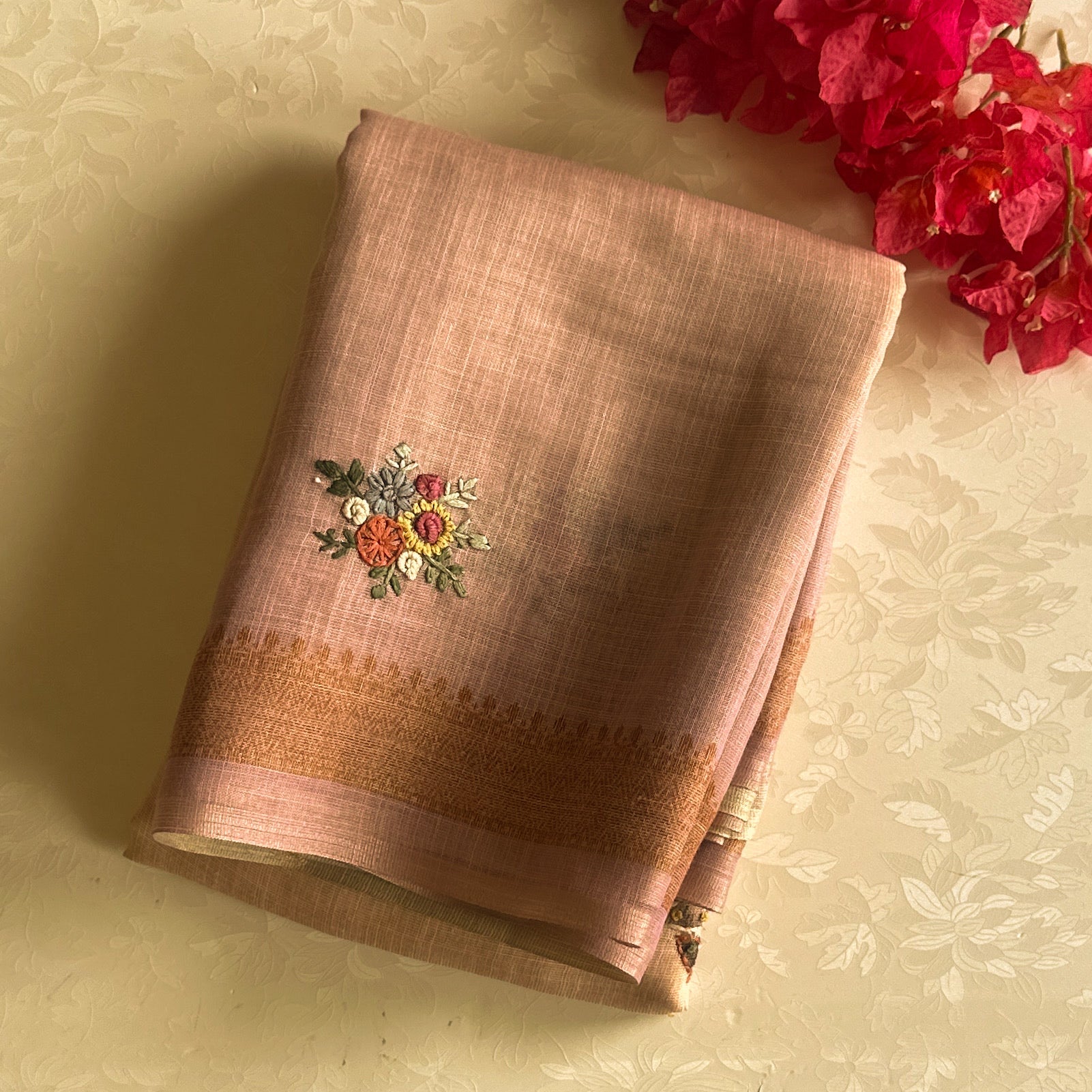 Blush Peach Floral Embroidered Saree with Antique Gold Woven Border
