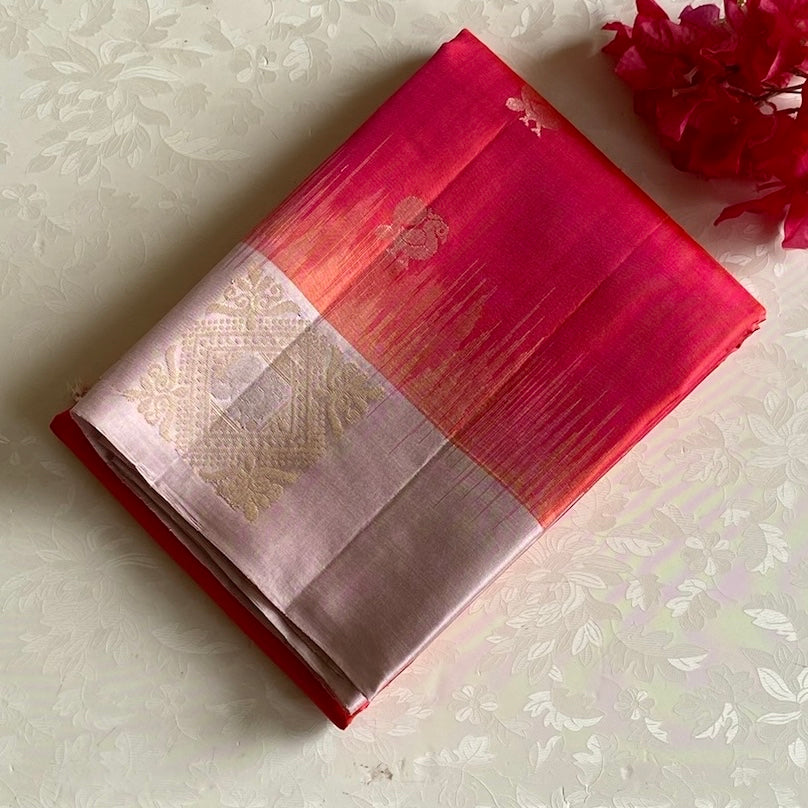 Vibrant Kanakambari Pinkish Red with Metallic Dusty Mauve Designer Pure Silk