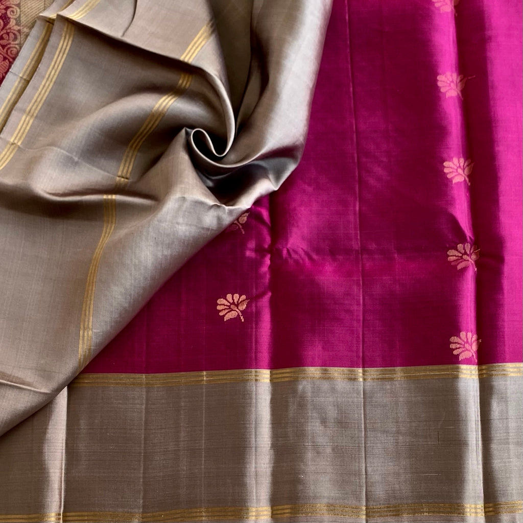 Rich Magenta & Taupe Grey Designer Pure Silk Elegance