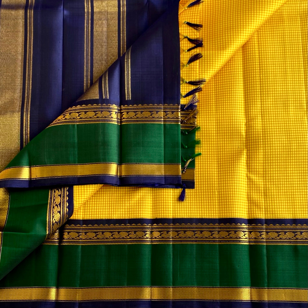 Micro checkered Gorgeous Yellow Retta Petta Borders Pure Kanjeevaram Silk
