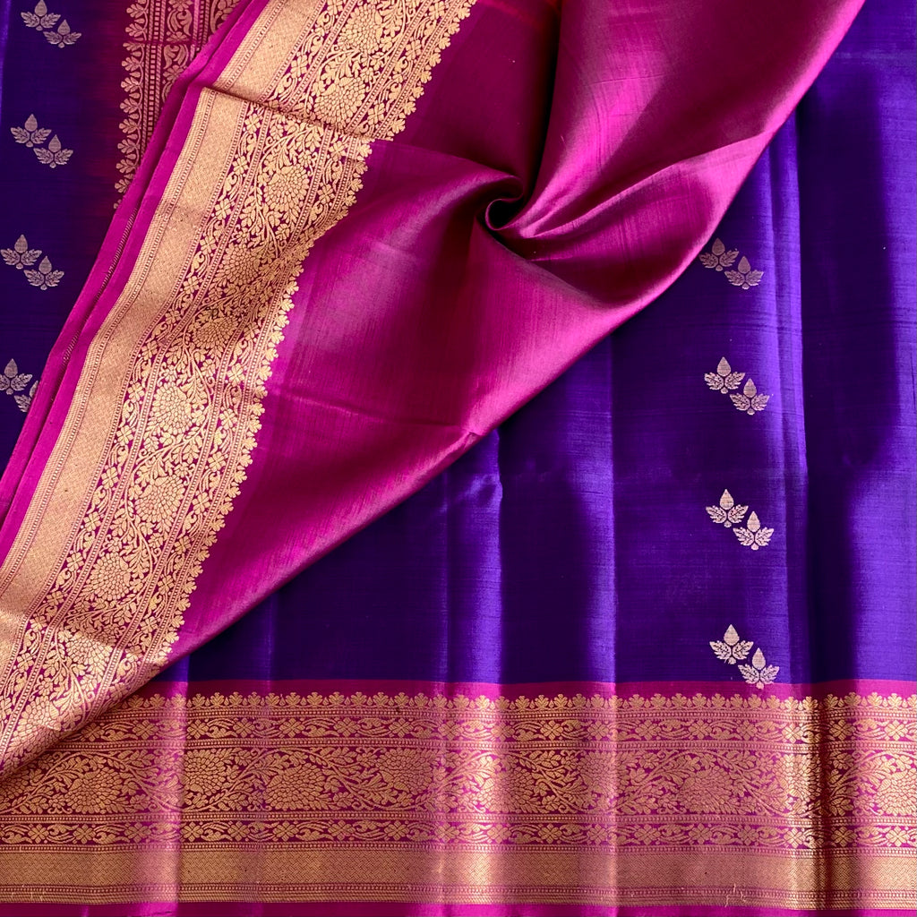 Royal Purple Designer Pure Silk Saree With Rani Pink Pallu
