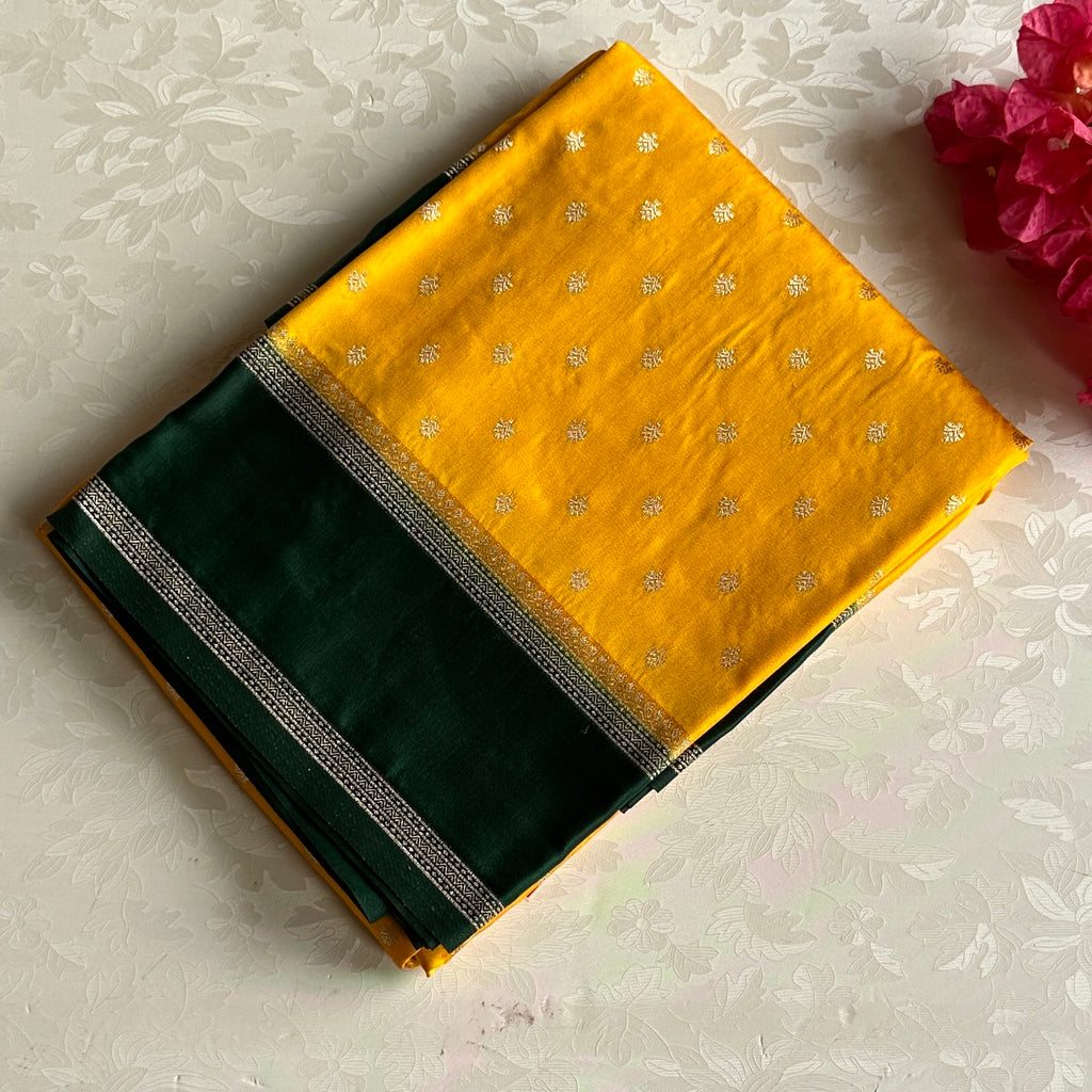 Mustard Green Zari Brocade Silk Saree With Tassel Border Elegant