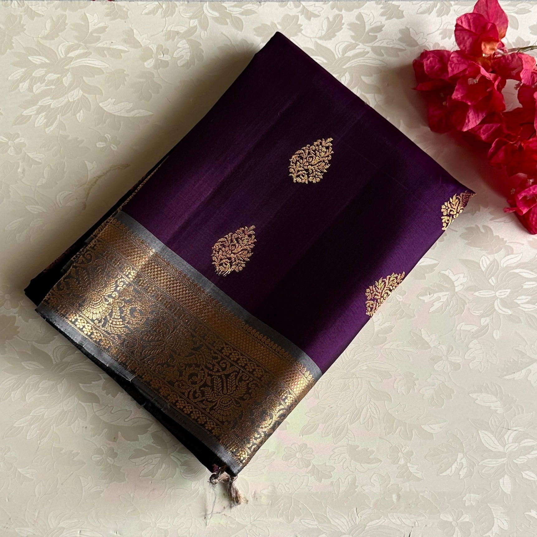Deep Purple Designer Pure Silk Saree With Metallic Gold Pallu