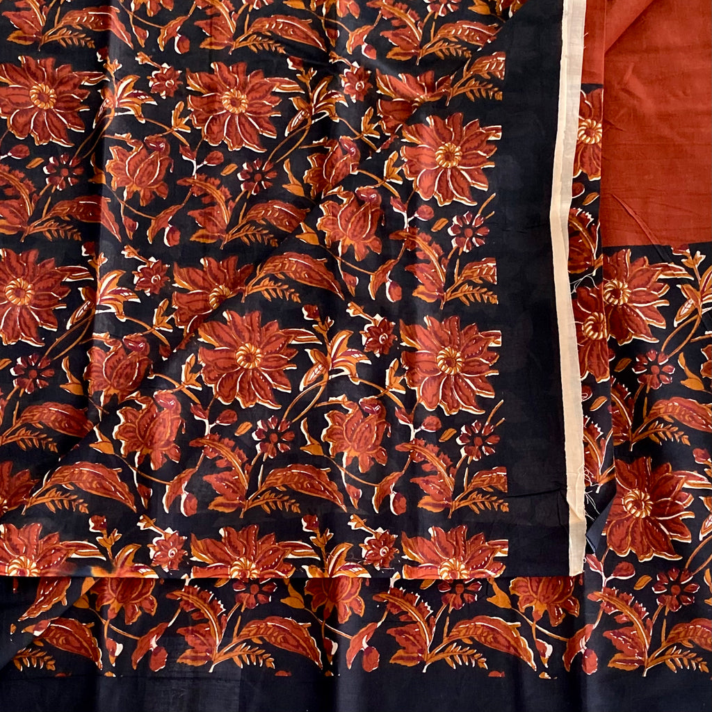 Midnight Black Floral Border Cotton Saree Burnt Sienna Pallu Traditional