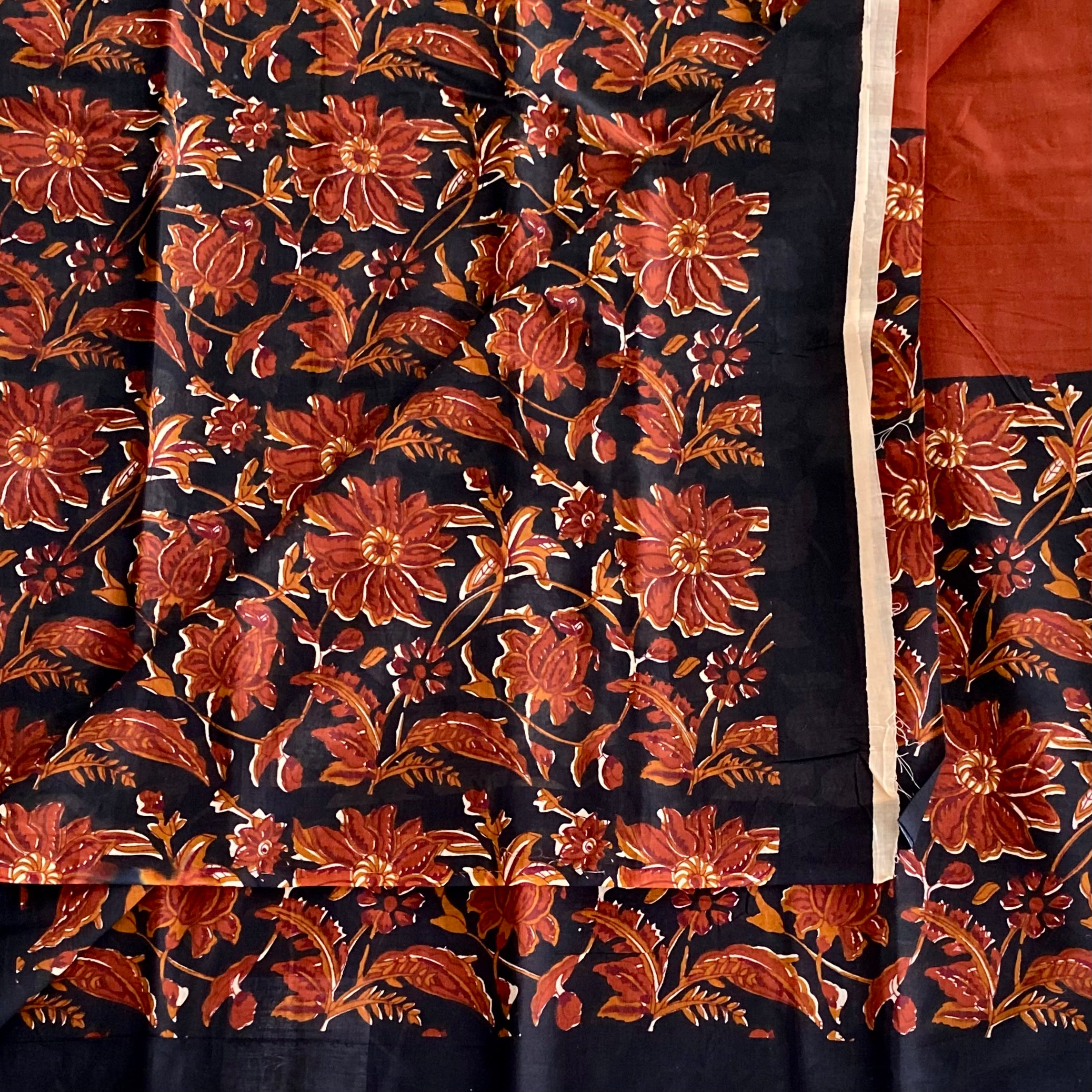 Midnight Black Floral Border Cotton Saree Burnt Sienna Pallu Traditional