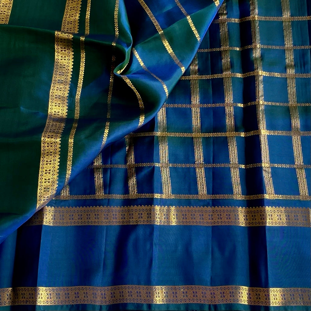 Peacock Blue Designer Pure Silk Saree With Rich Checkered Zari Weave