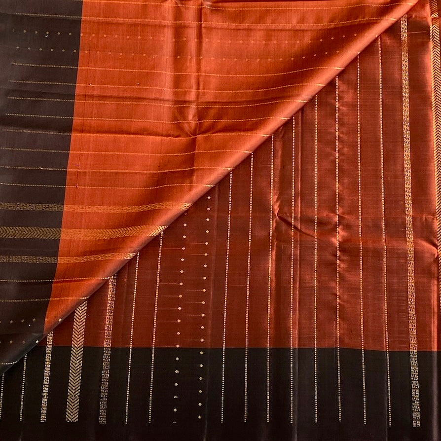 Burnt Orange Designer Pure Silk Saree With Deep Plum Pallu