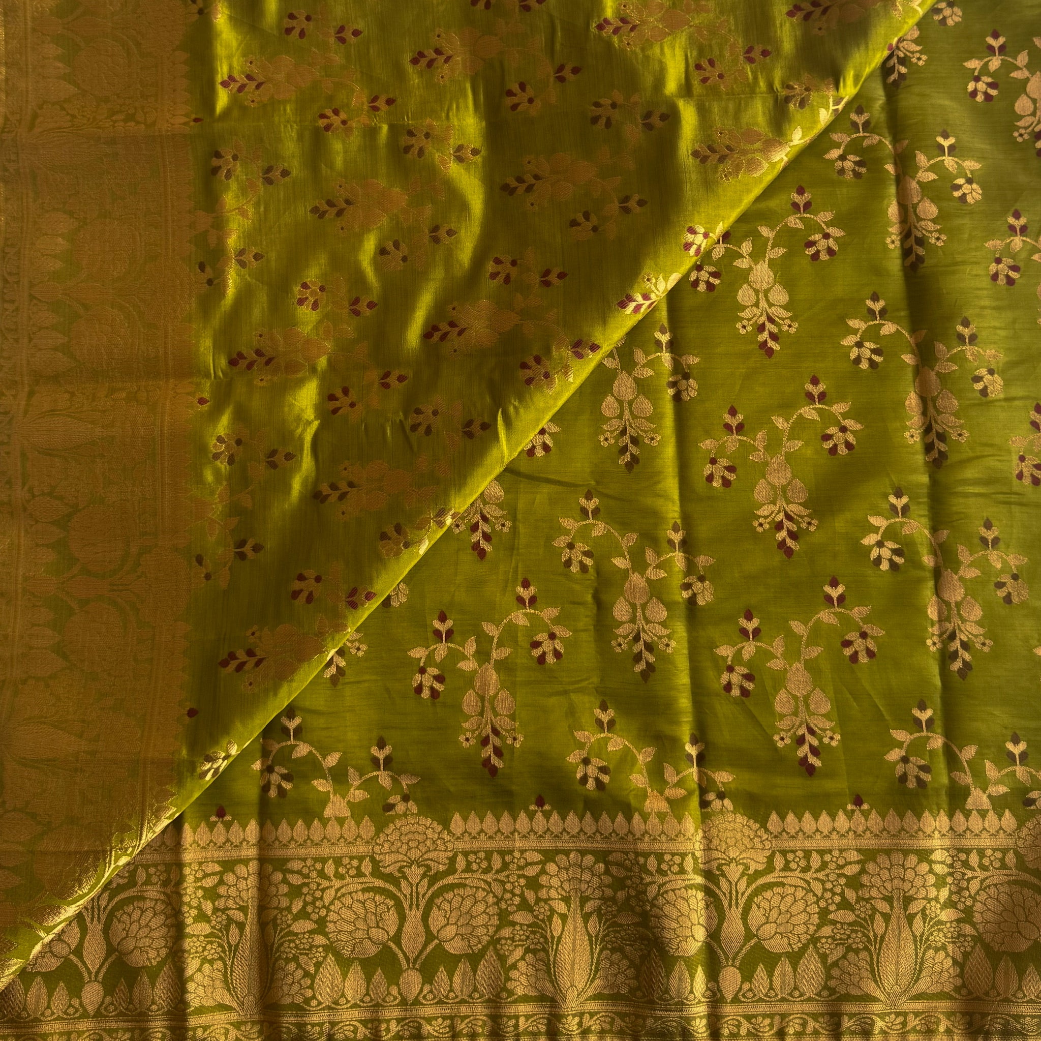 Chartreuse Green Banarasi Silk Saree Metallic Gold Brocade Pallu Border