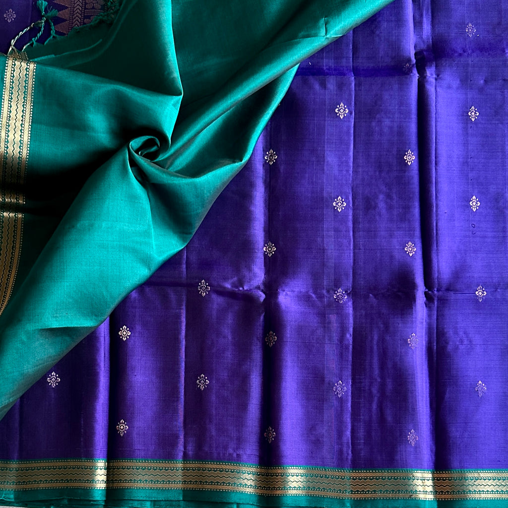 Traditional Purple Silk Saree Teal Pallu Gold Zari Floral Weave