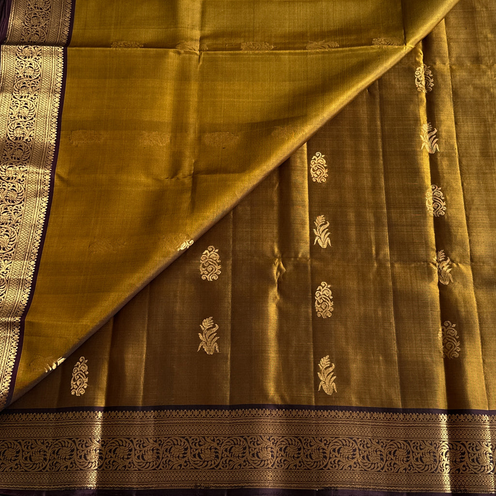 Mustard Gold Silk Saree With Plum Pallu And Golden Zari