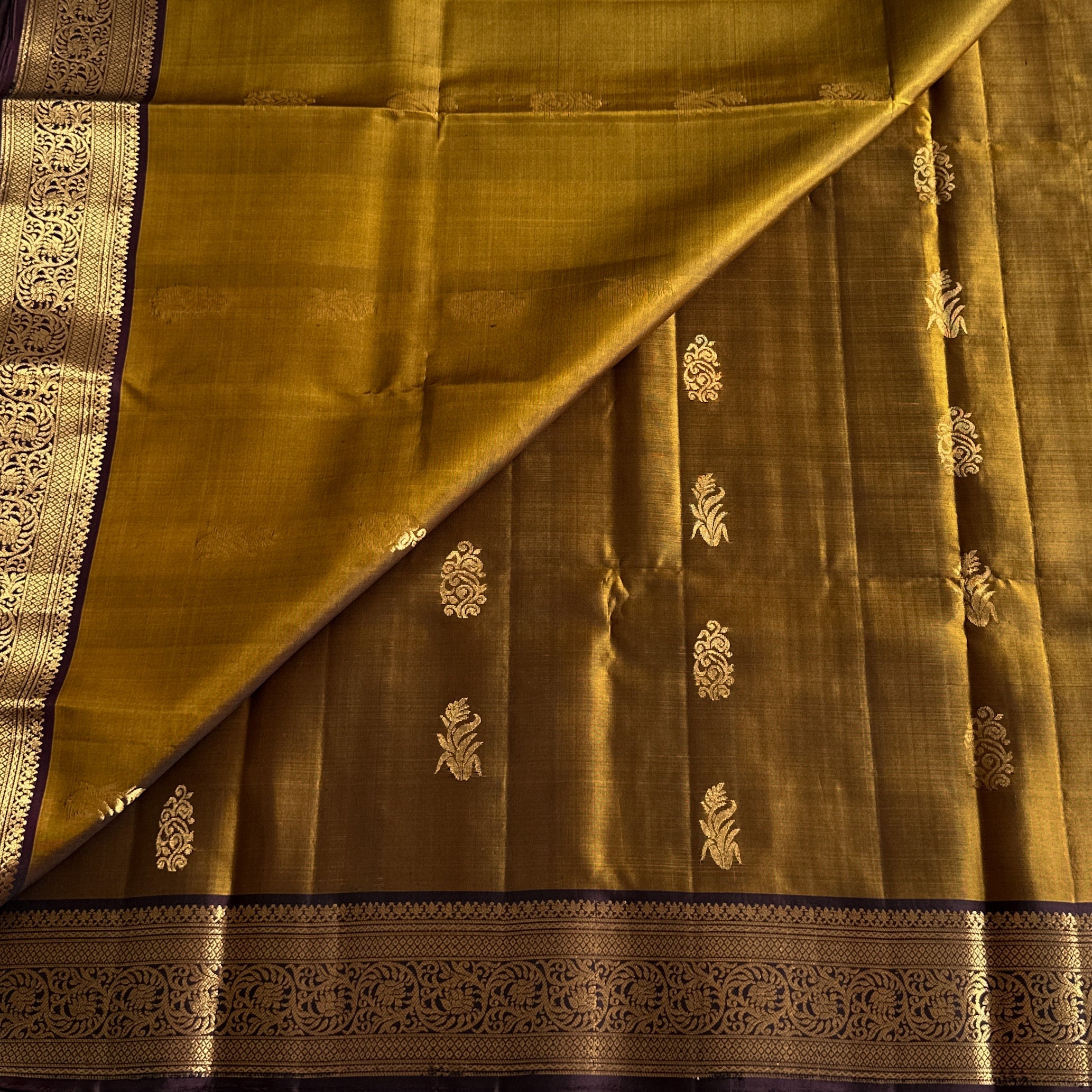 Mustard Gold Silk Saree With Plum Pallu And Golden Zari