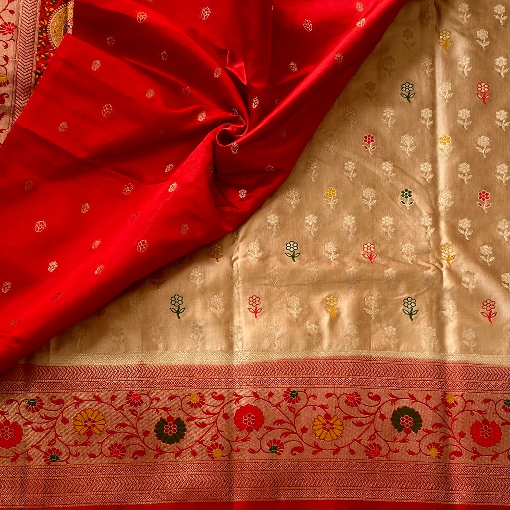 Crimson Gold Paisley Brocade Saree With Floral Border Elegant Wedding