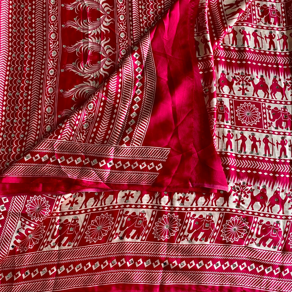Rani Pink Soft Satin Saree With Ivory Prints And Mirrors