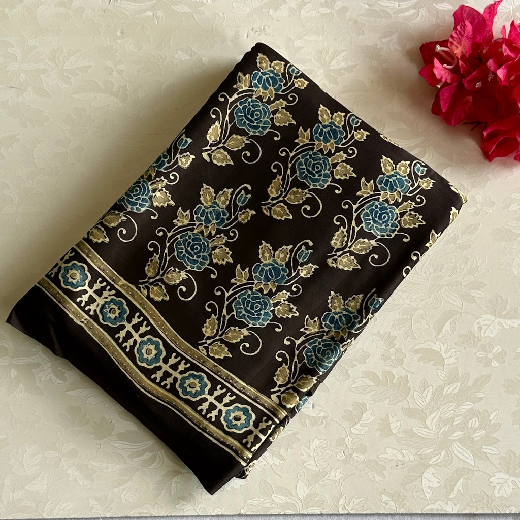 Deep Chocolate Brown Ajrakh Handblock Printed Silk Saree With Teal Blue Accents