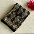 Deep Chocolate Brown Ajrakh Handblock Printed Silk Saree With Teal Blue Accents