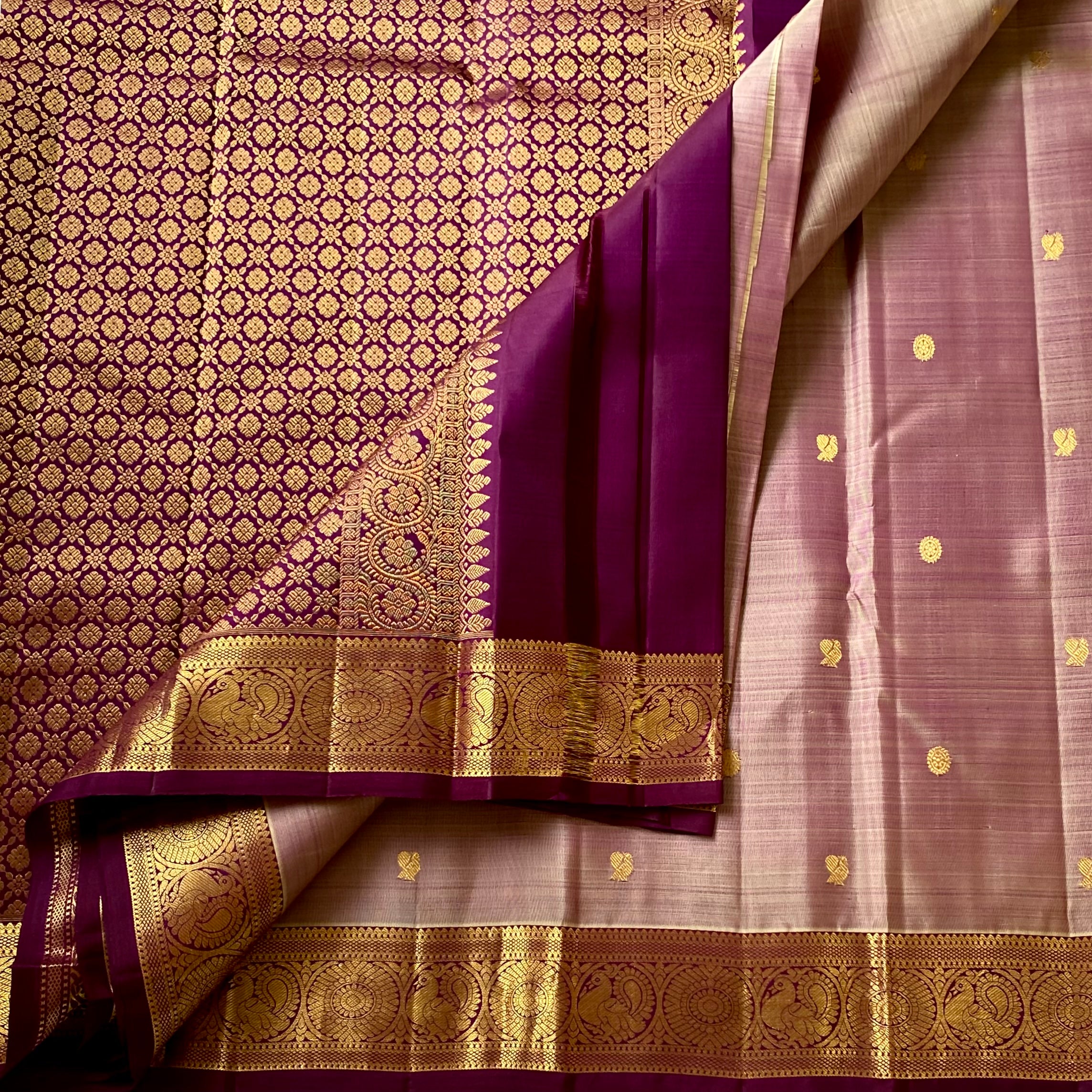 Eggplant Purple Silk Saree Champagne Body Gold Zari Border Traditional