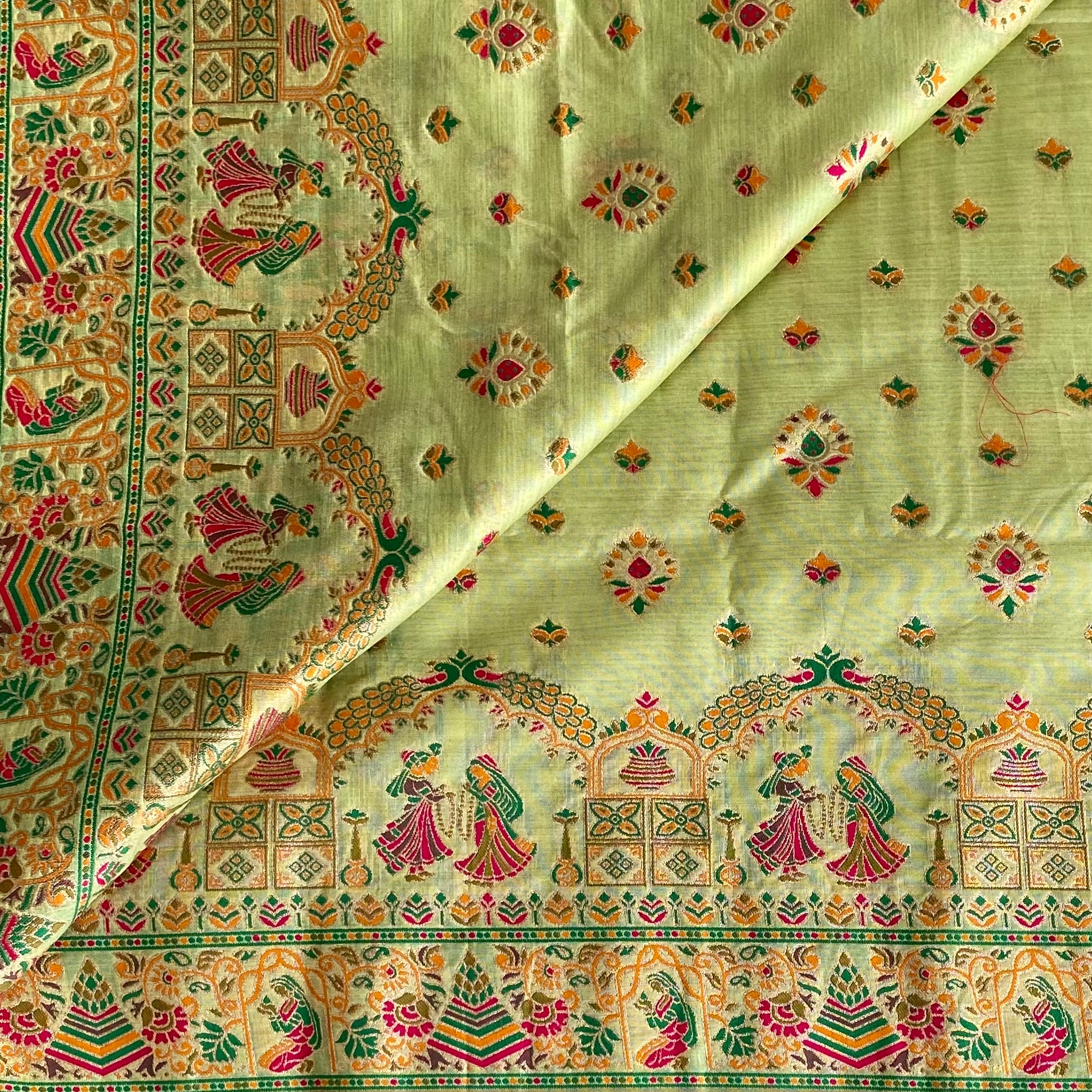 Pistachio Green Soft Tussar Silk Saree With Rani Pink Pallu