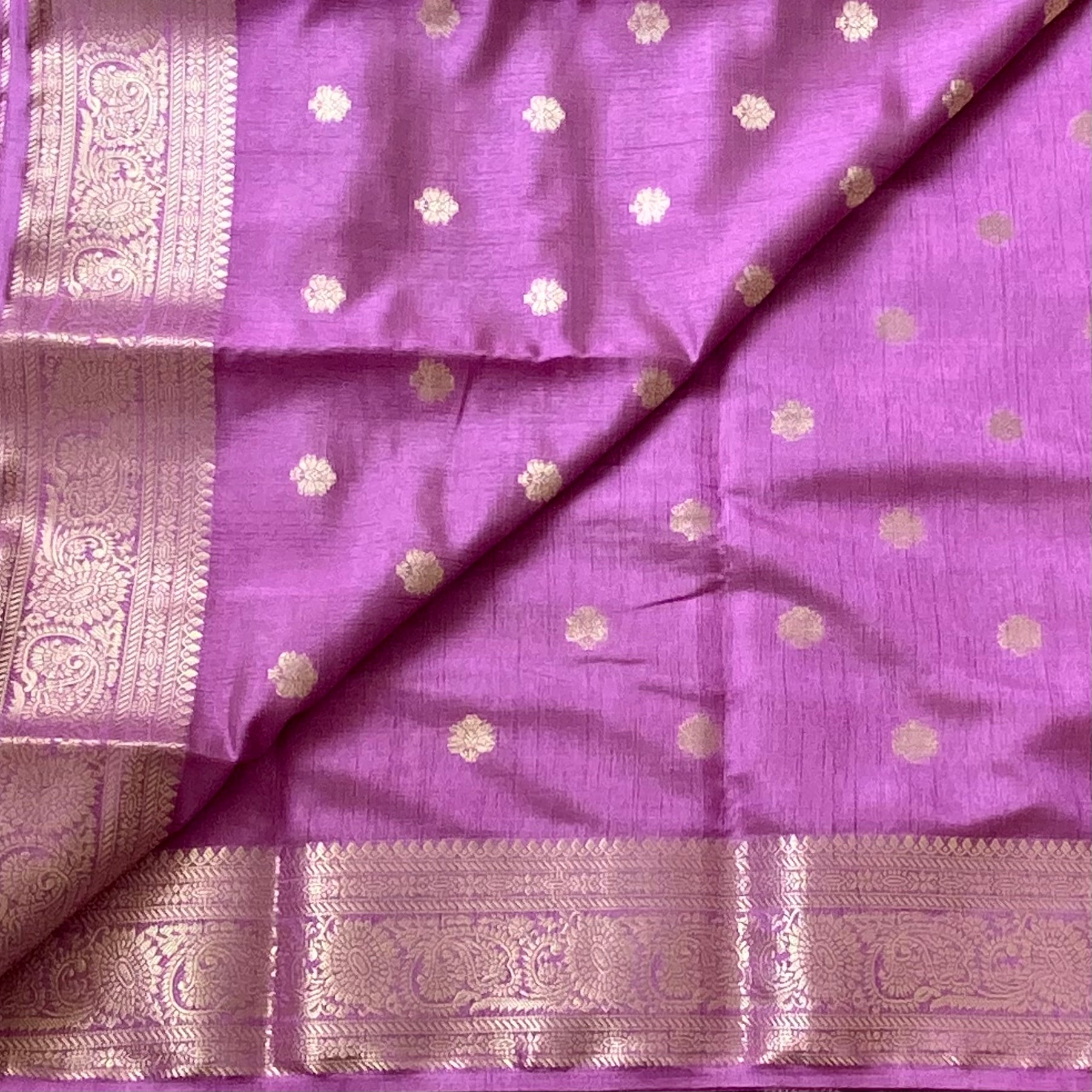 Magenta Gold Butti Saree With Striped Pallu And Zari Border