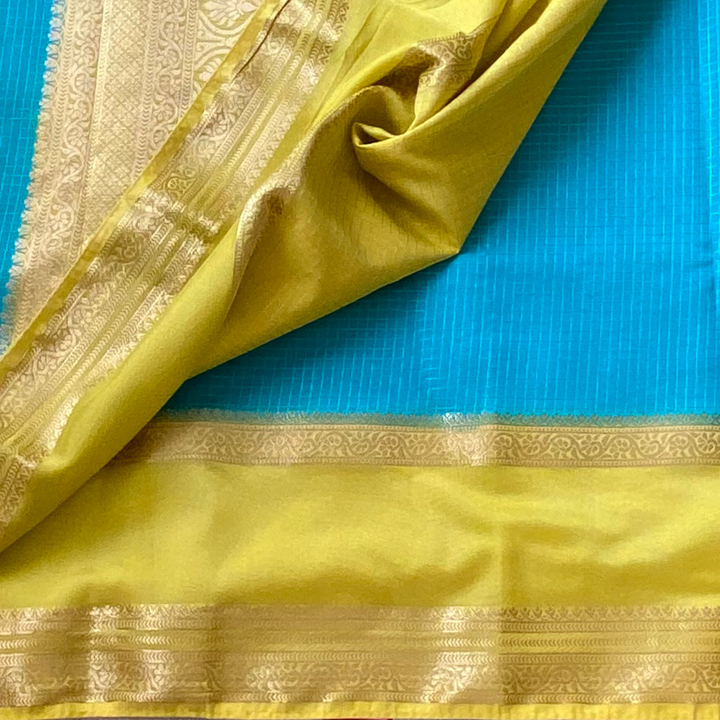 Deep Teal Chartreuse Yellow Saree With Gold Zari Border Traditional