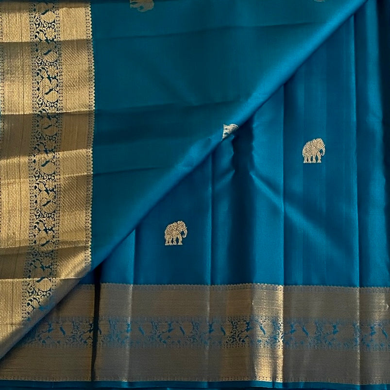 Teal Blue Kanjeevaram Pure Zari Silk Saree With Antique Gold Brocade