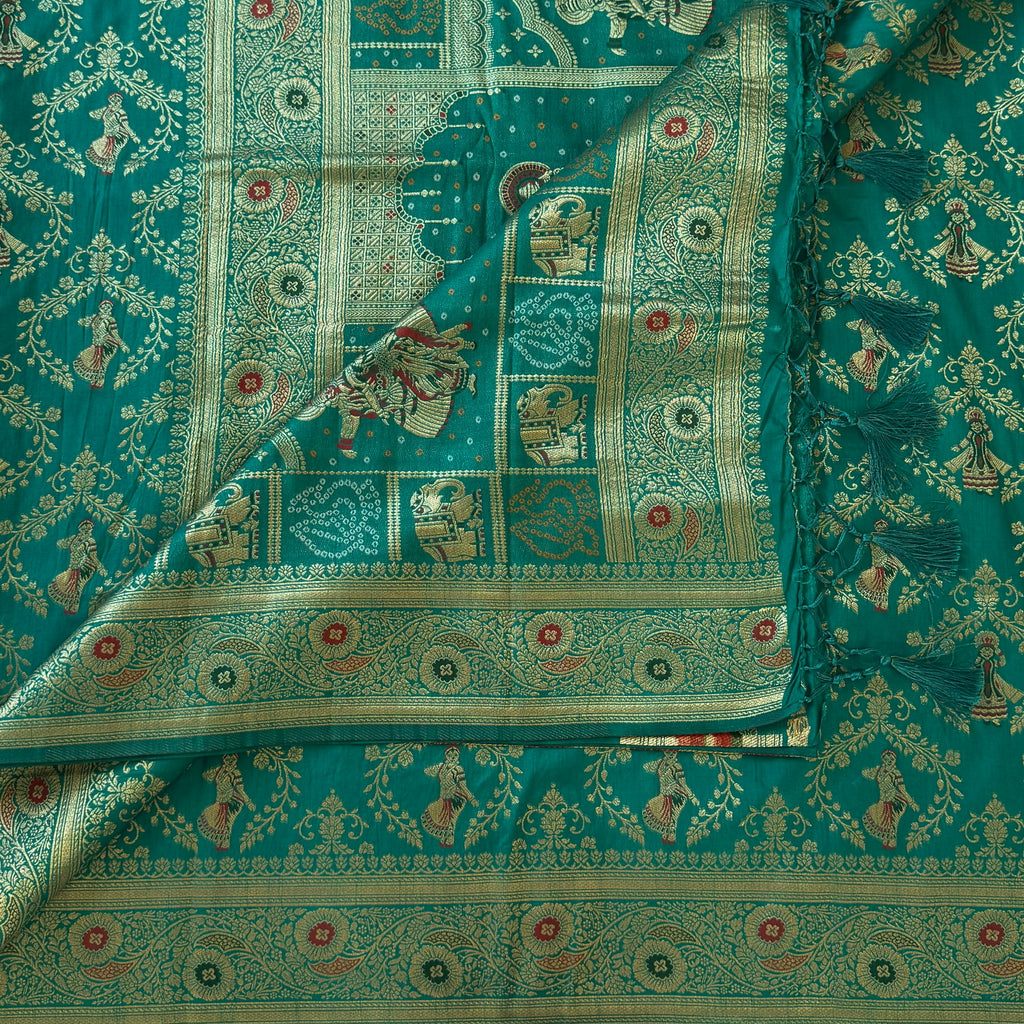 Emerald Teal Banarasi Silk Saree Gold Zari Dancer Motifs Rich