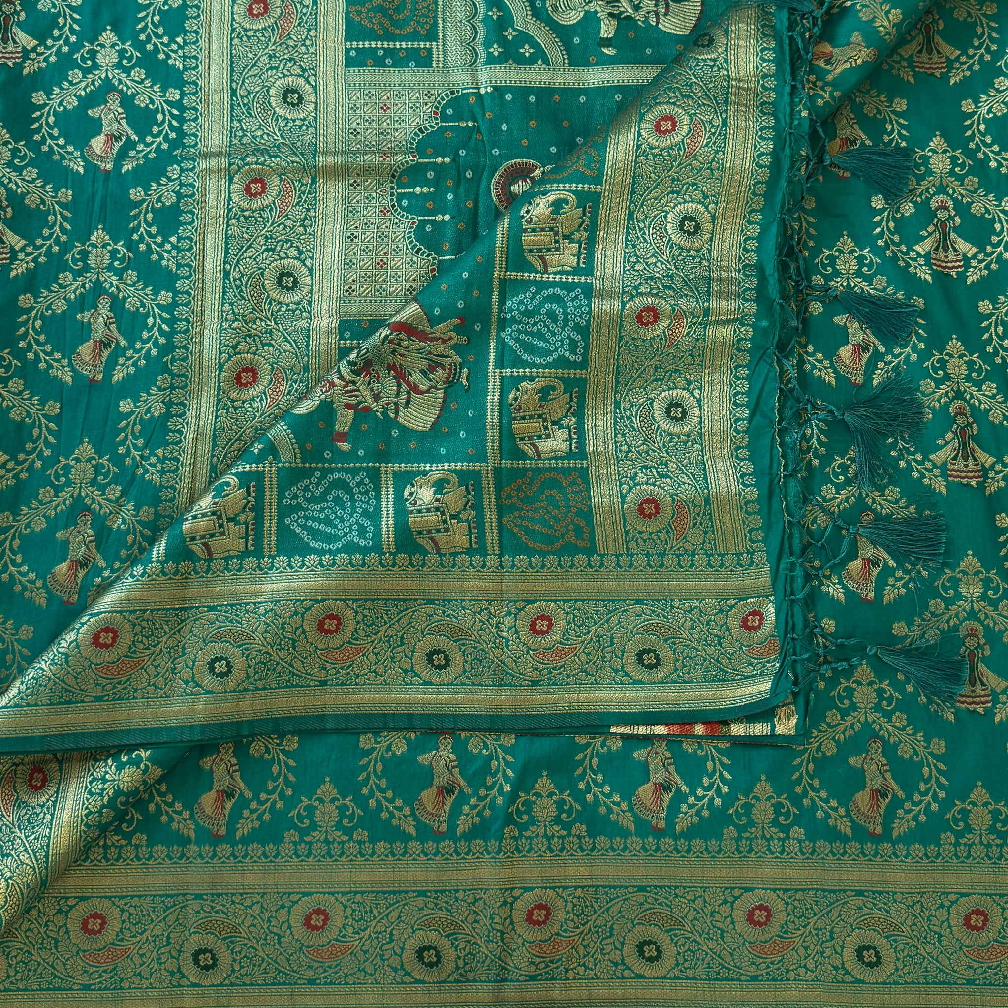 Emerald Teal Banarasi Silk Saree Gold Zari Dancer Motifs Rich