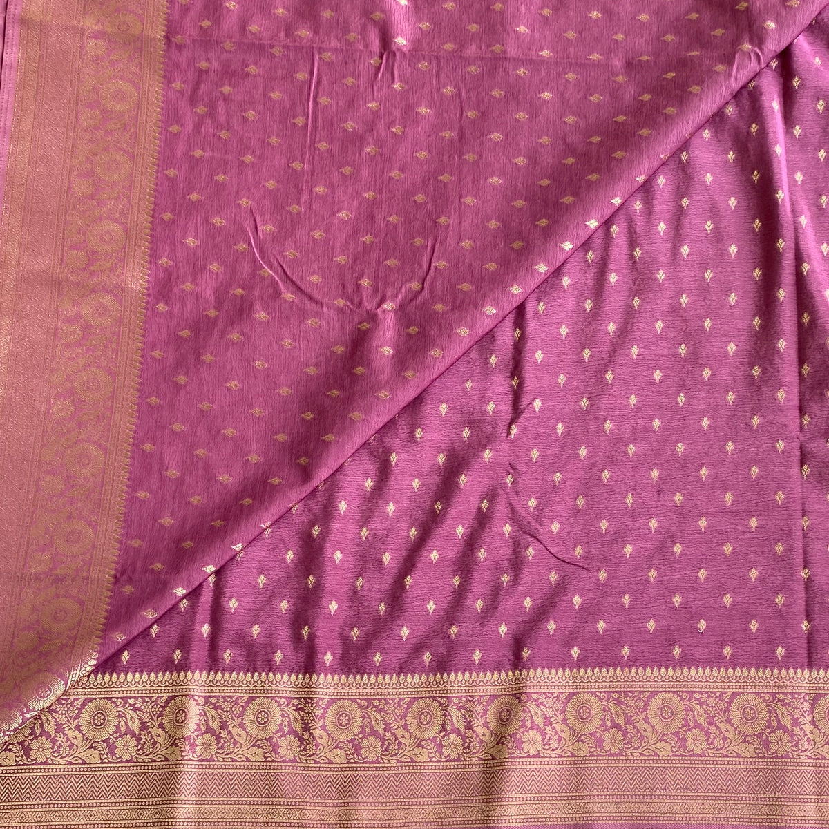Dreamy Onion Pink Soft Satin Crepe Silk Saree With Zari Gold Pallu And Buttas