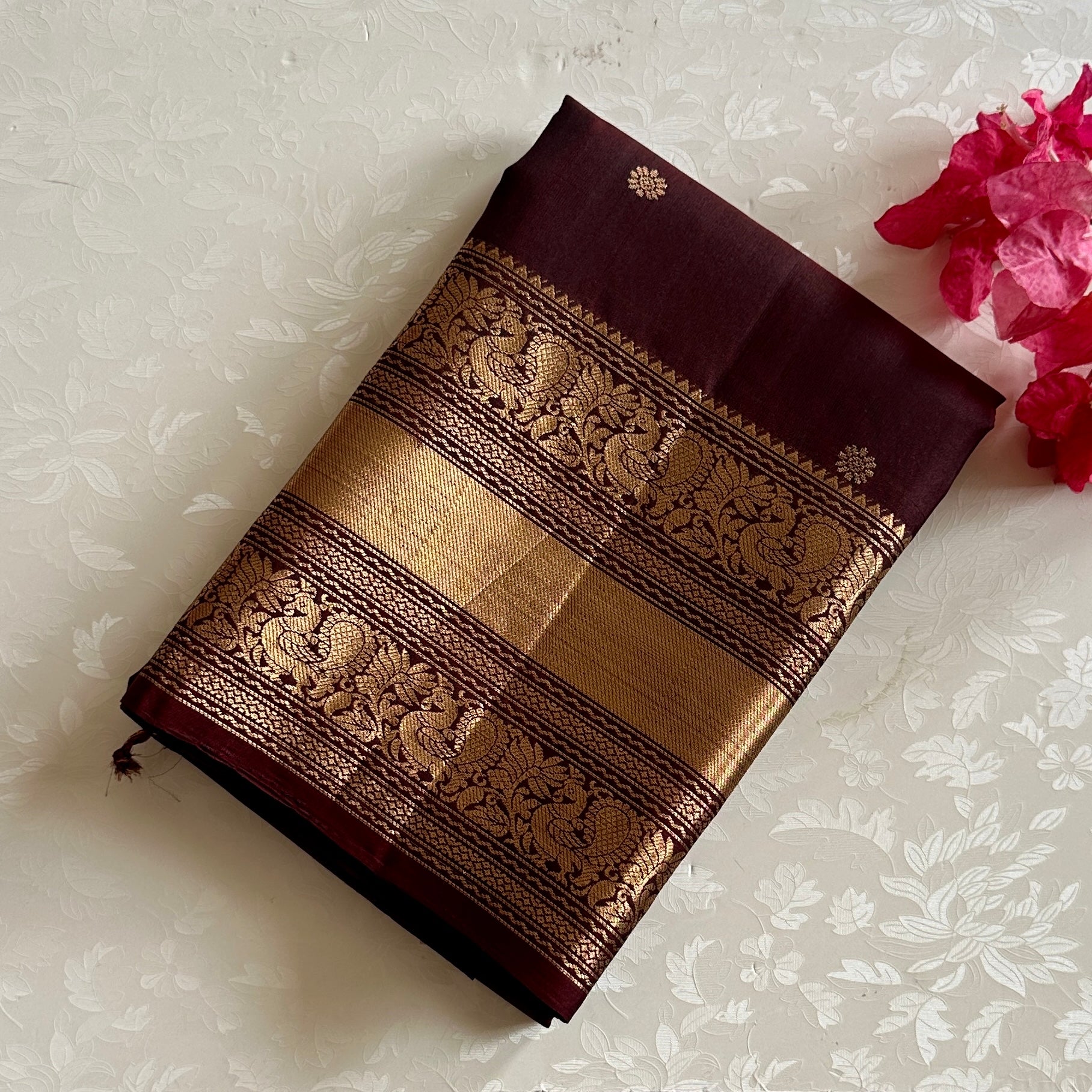 Wine Coffee Designer Pure Silk Saree Metallic Gold Zari Border Butta