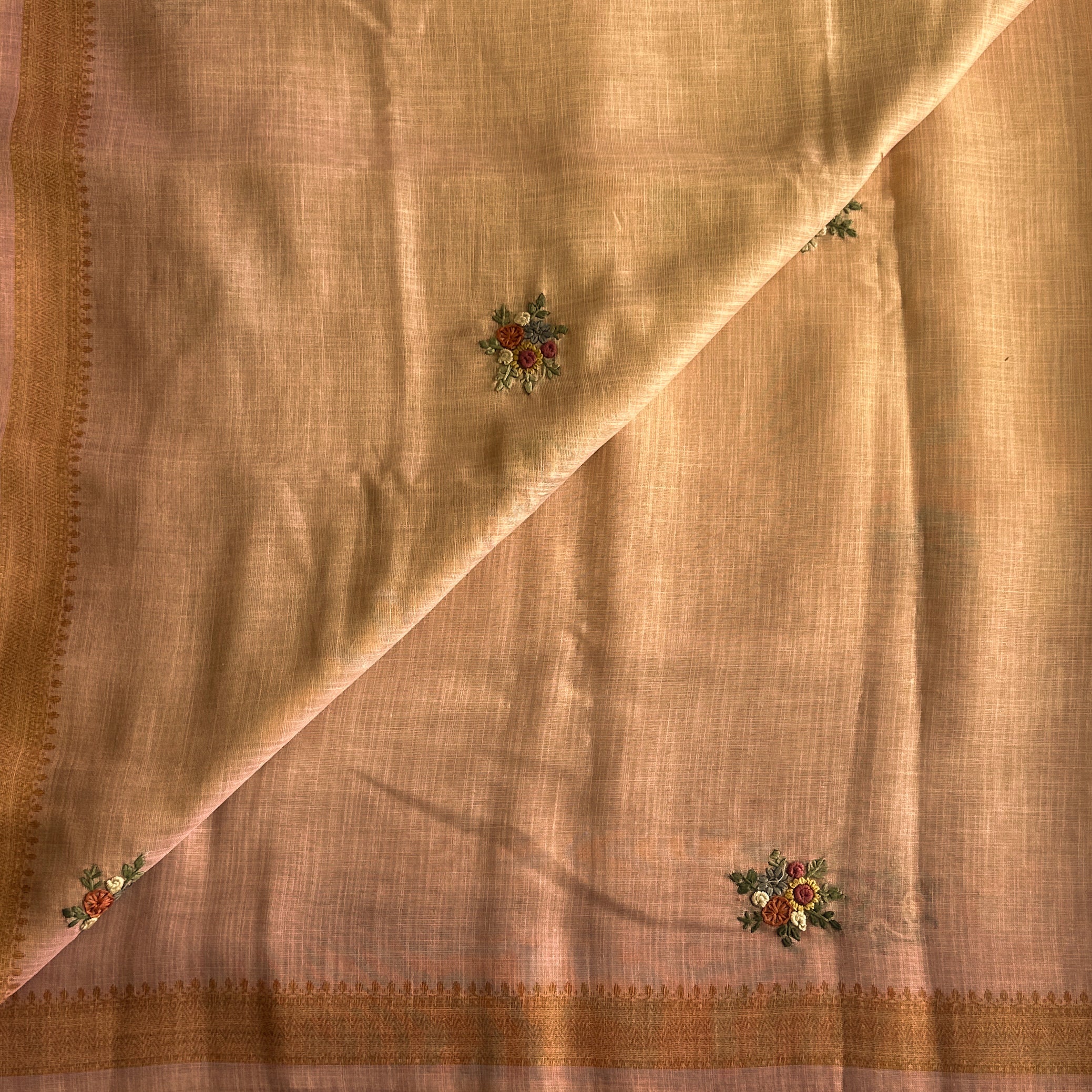 Blush Peach Floral Embroidered Saree with Antique Gold Woven Border