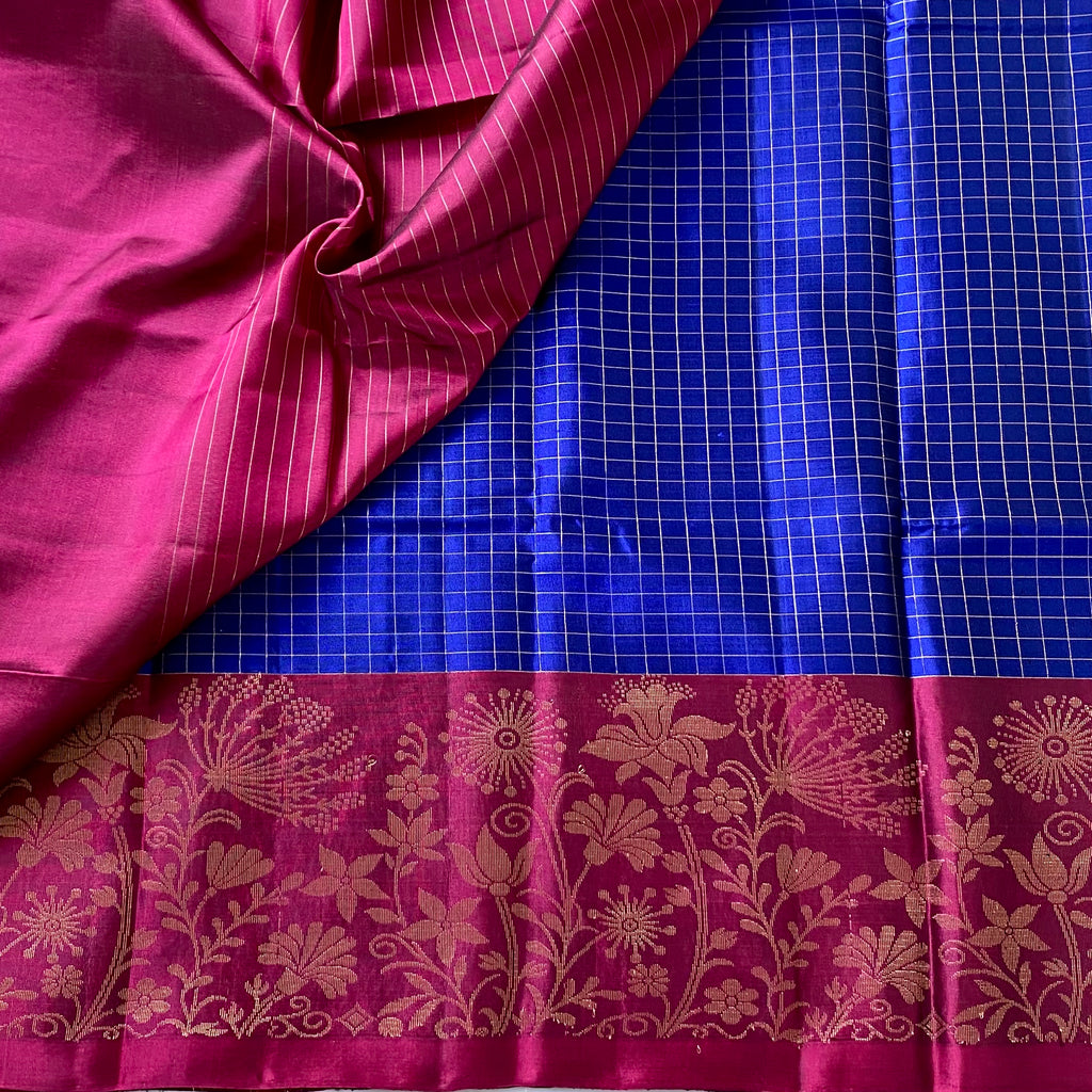 Magenta Gold Brocade Silk Saree With Cobalt Blue Checked Body