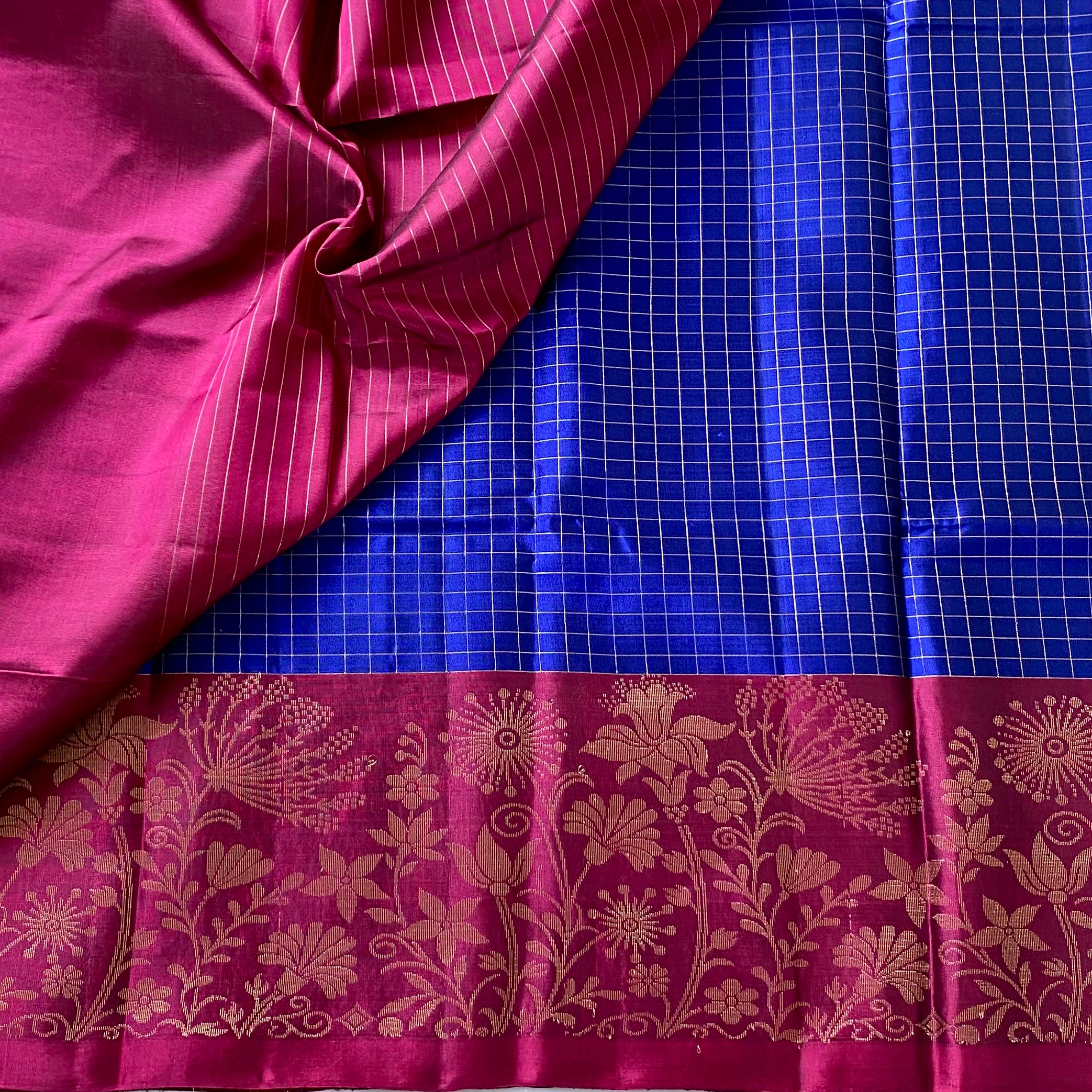 Magenta Gold Brocade Silk Saree With Cobalt Blue Checked Body