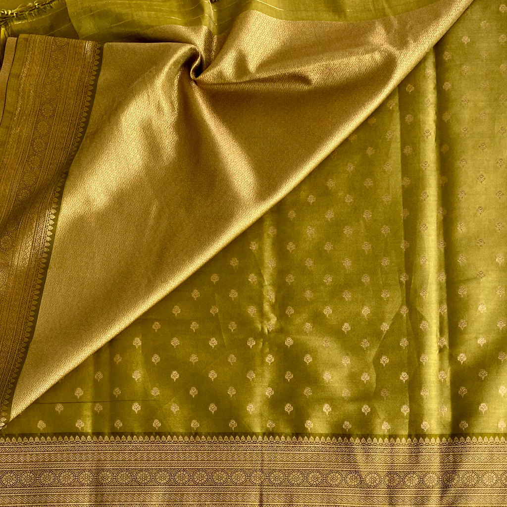 Olive Green Silk Saree Golden Zari Border Tassel Pallu