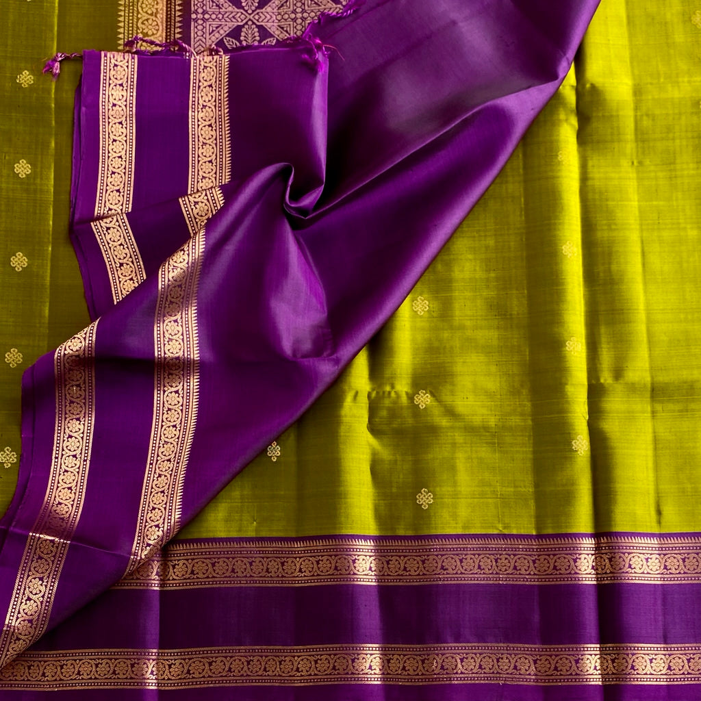 Lime Green Designer Pure Silk Saree With Royal Purple Pallu