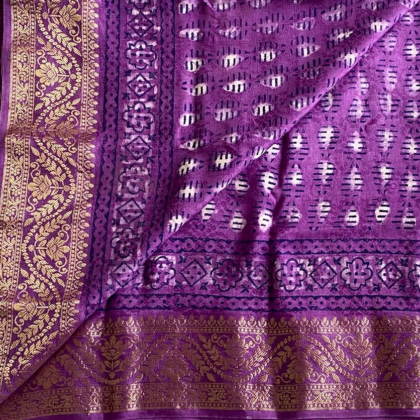Royal Purple AJRAKH HANDBLOCK PRINTED tussar SILK Saree With Antique Gold Brocade Border