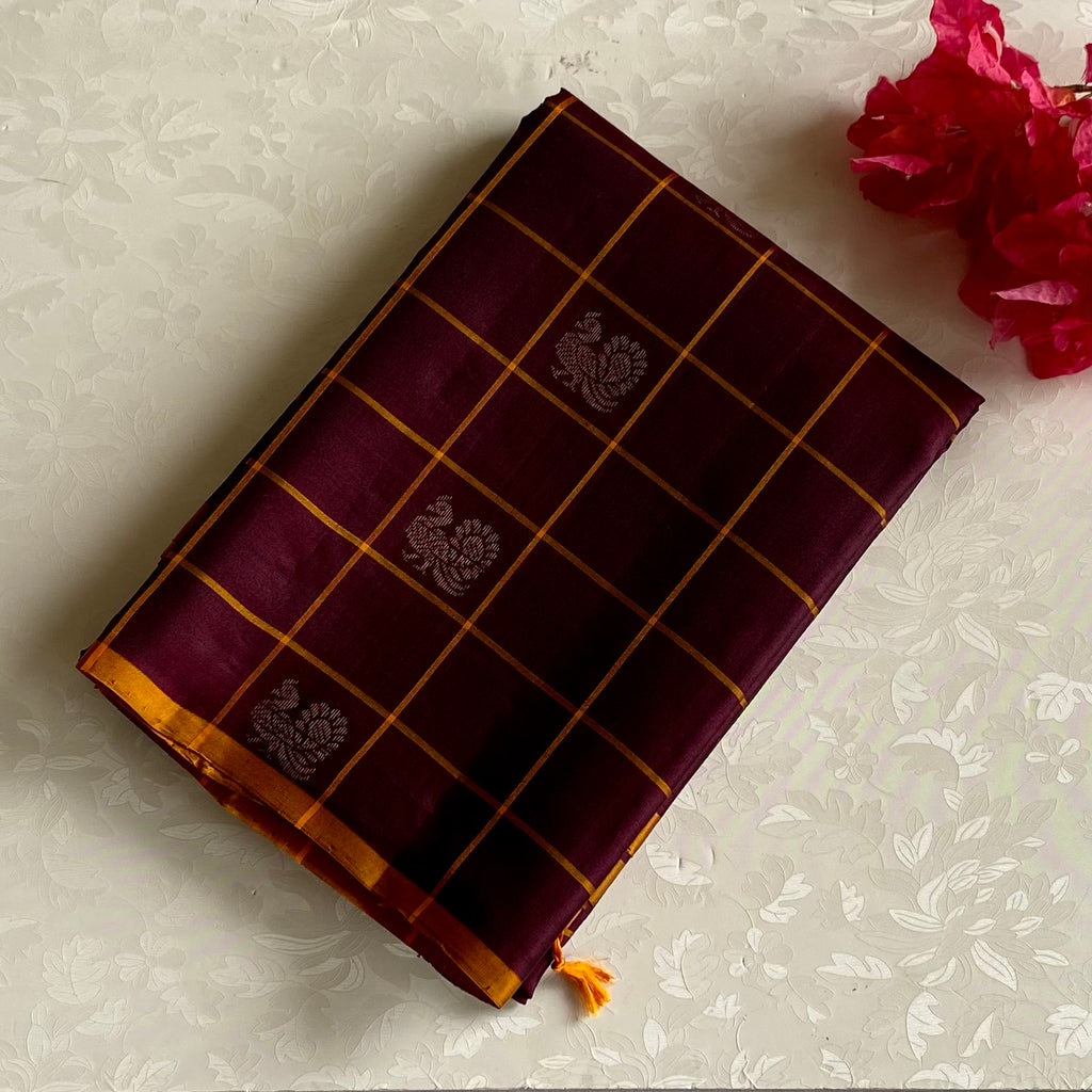 Plum Brown Designer Pure Silk Saree With Saffron Orange Pallu