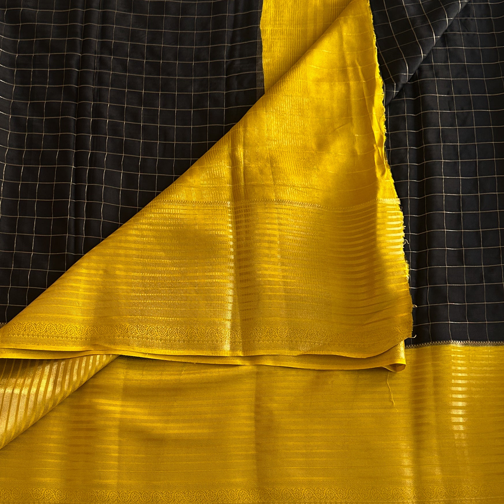 Charcoal Check Saree with Mustard Gold Brocade Pallu and Border
