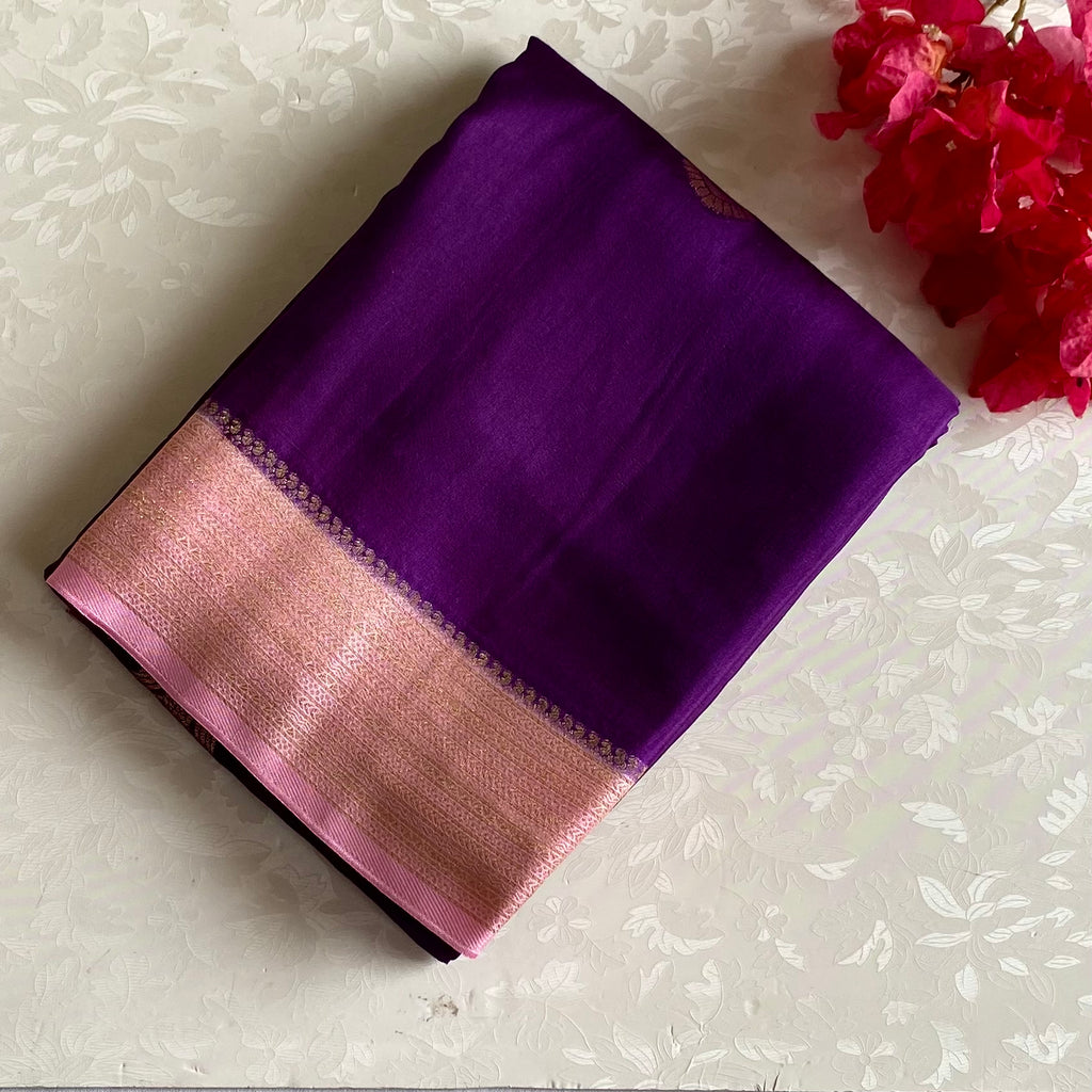 Royal Purple Soft Crepe Silk Saree With Blush Pink Pallu