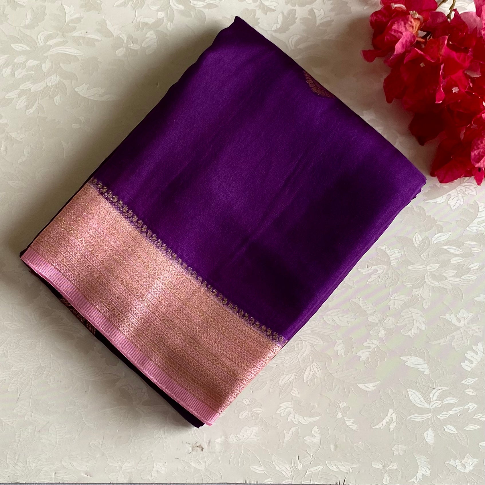 Royal Purple Soft Crepe Silk Saree With Blush Pink Pallu