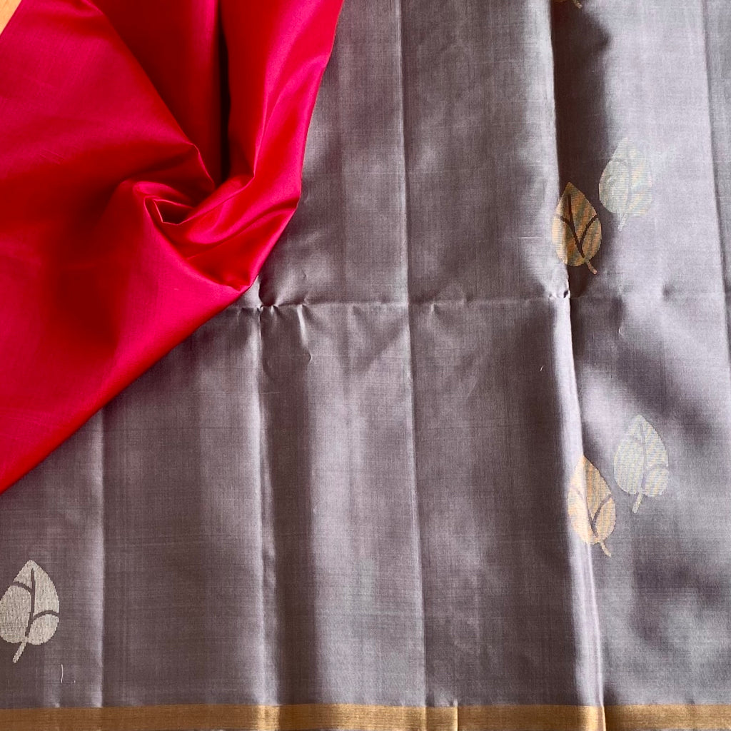 Slate Gray Designer Pure Silk Saree With Rani Pink Pallu
