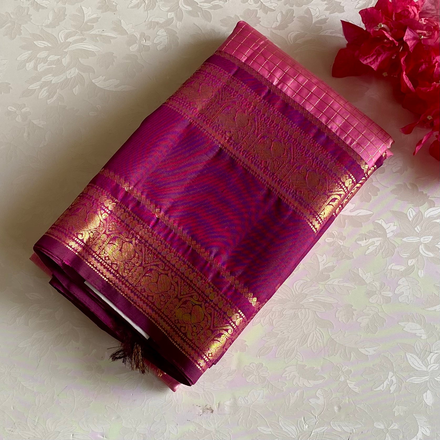 Regal Rare Pink With Wine Kanjeevaram Checkered Pure Zari Silk
