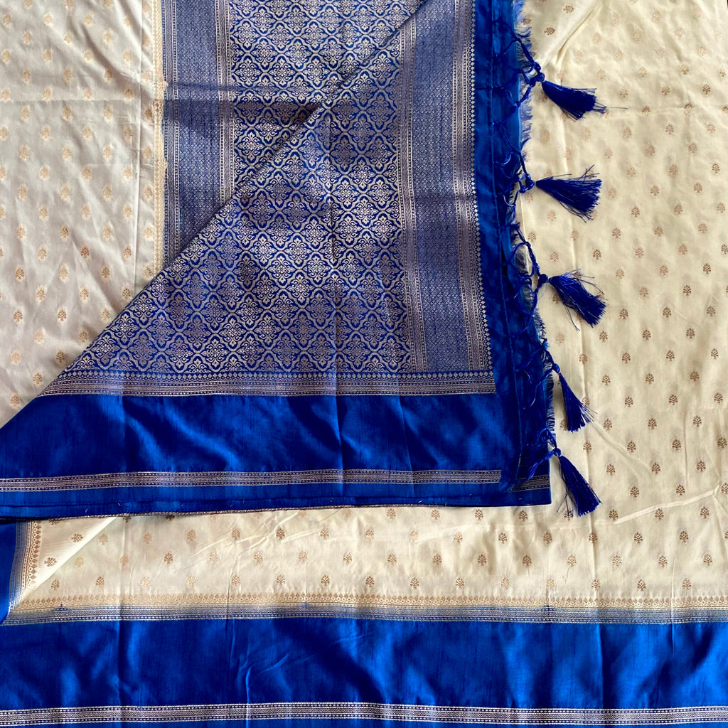 Ivory Blue Silk Saree with Gold Brocade Pallu Tassel Border