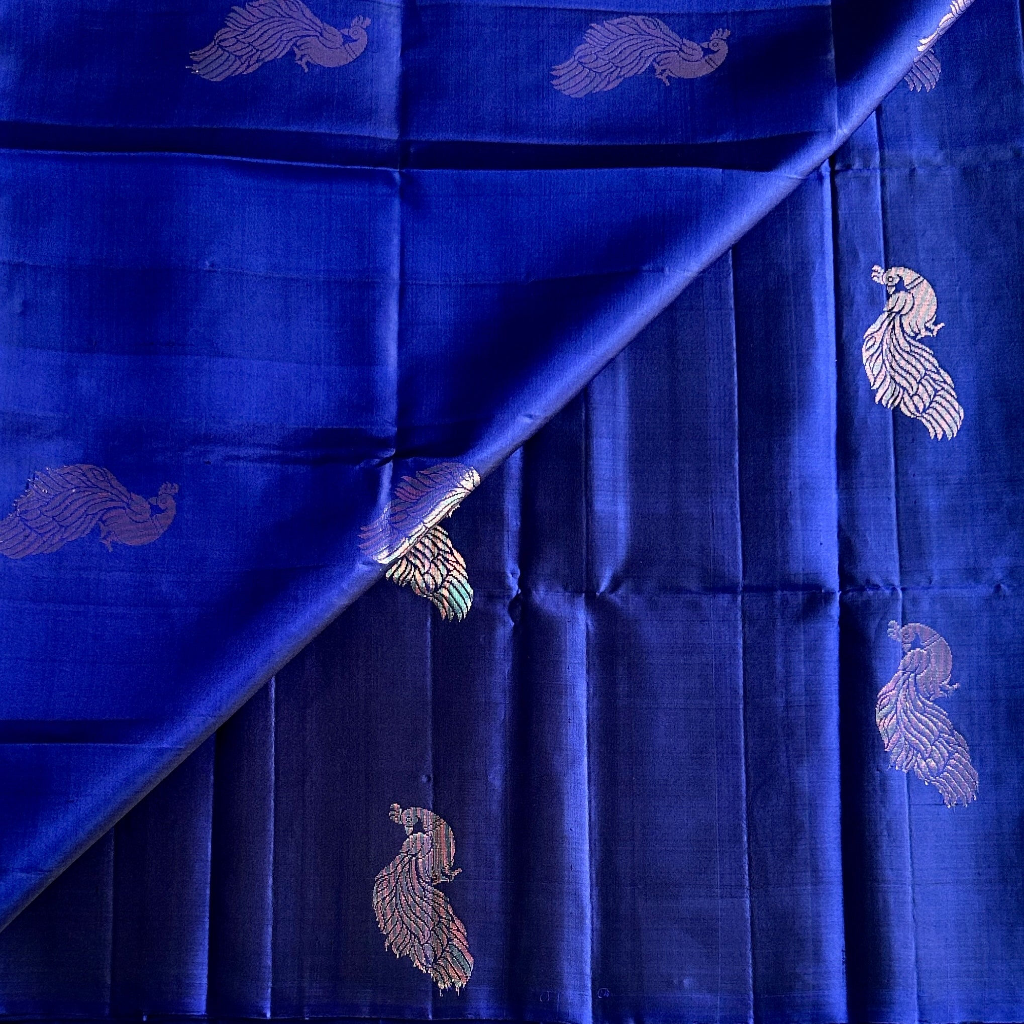 Royal Blue Silk Saree Rose Gold Zari Peacock Floral Jacquard