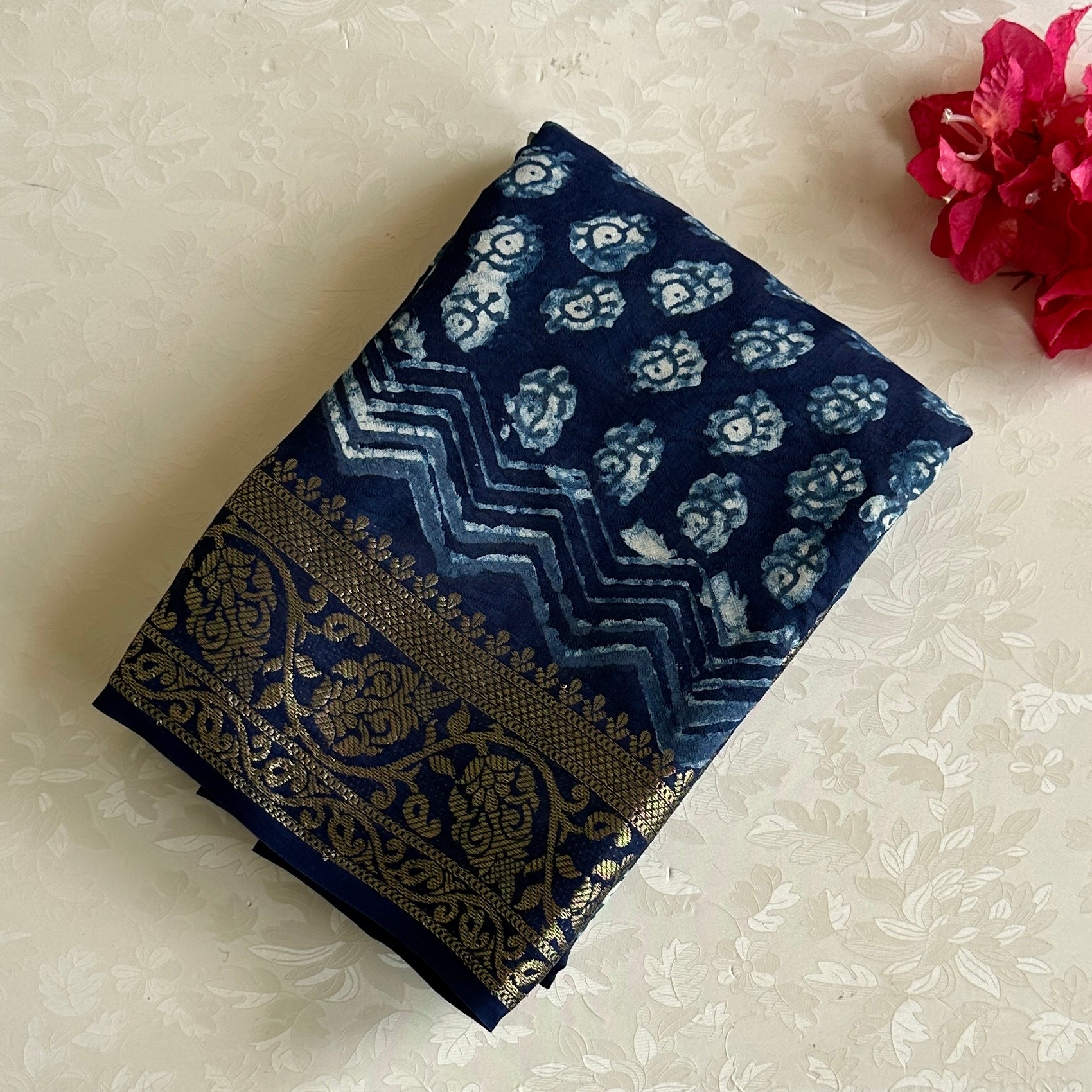 AJRAKH HANDBLOCK PRINTED SILK Tussar Deep Navy Blue Metallic Gold Saree